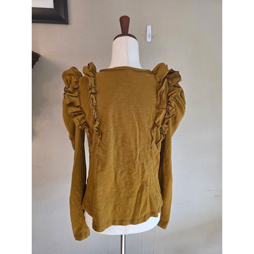 Anthropologie Women's Mustard Yellow Long Sleeve Ruffle Top SZ M Autumn Fall - Picture 4 of 8